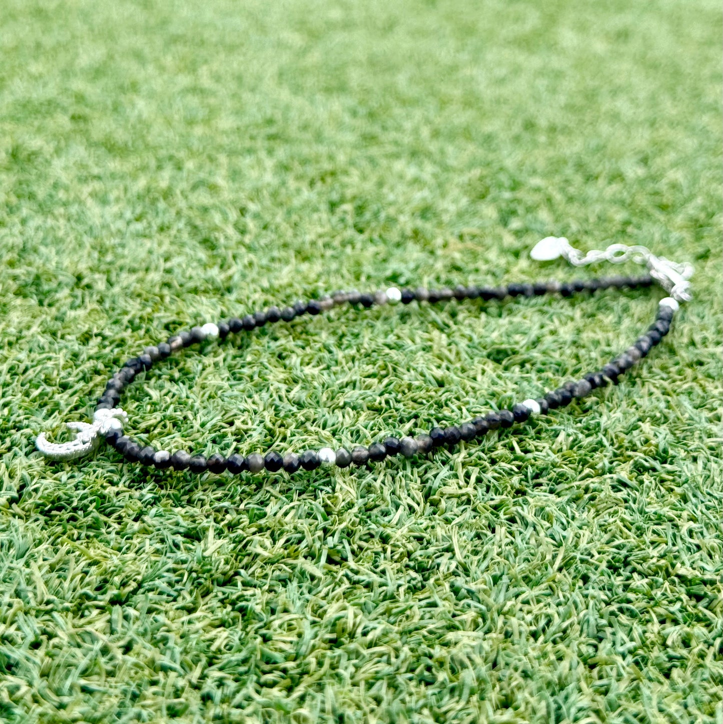銀曜迷你腳鏈 2.5mm|天然銀曜石腳鏈|Mini Silver Sheen Obsidian Anklet|辟邪擋煞・招財防小人・穩定情緒