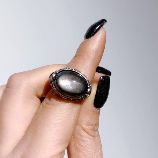 Silver obsidian vintage setting ring