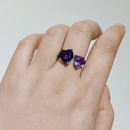 全淨體紫水晶雙心心鈦鋼戒指