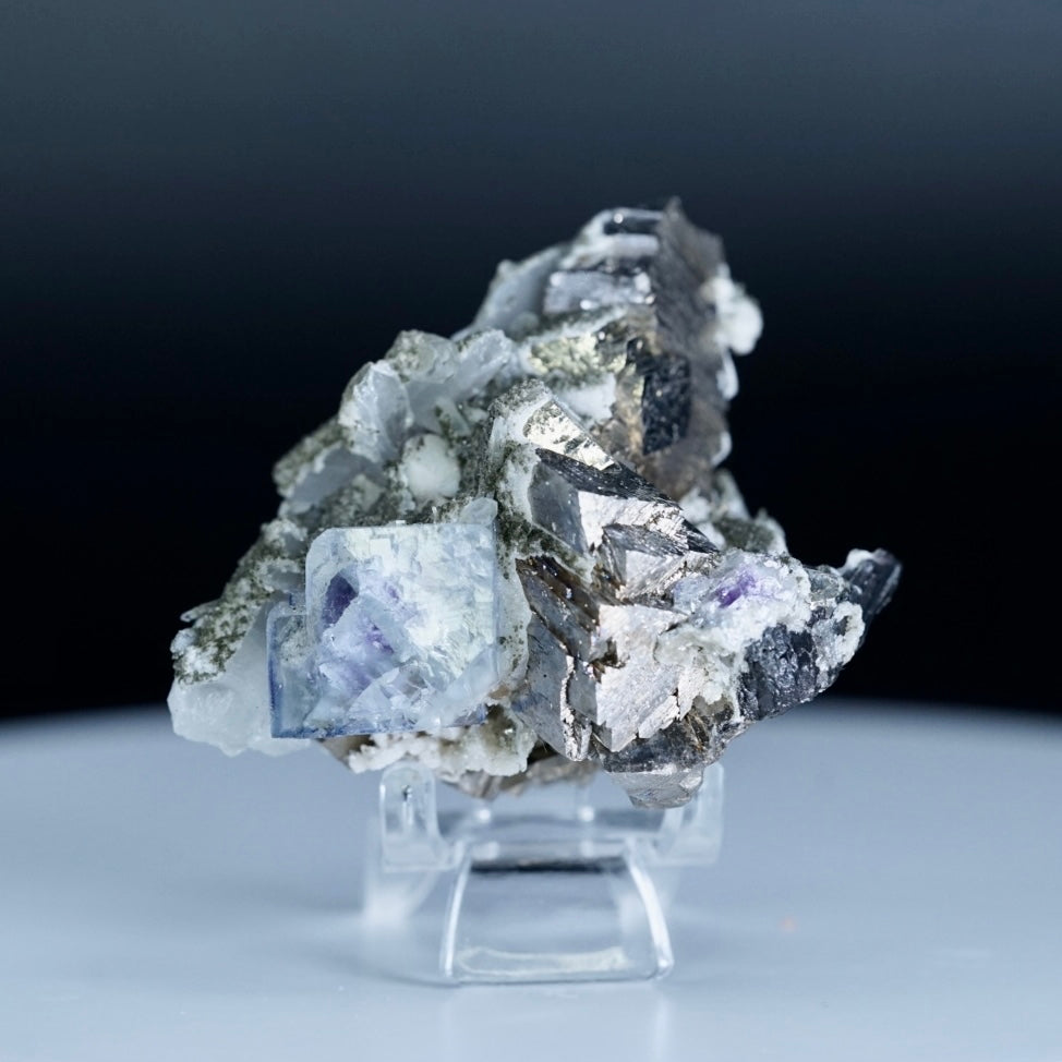 Yaogangxian Blue Fluorite with Clear Quartz, Wolframite and FeAsS