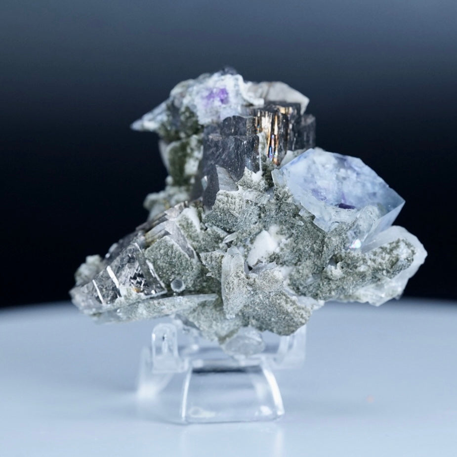 Yaogangxian Blue Fluorite with Clear Quartz, Wolframite and FeAsS