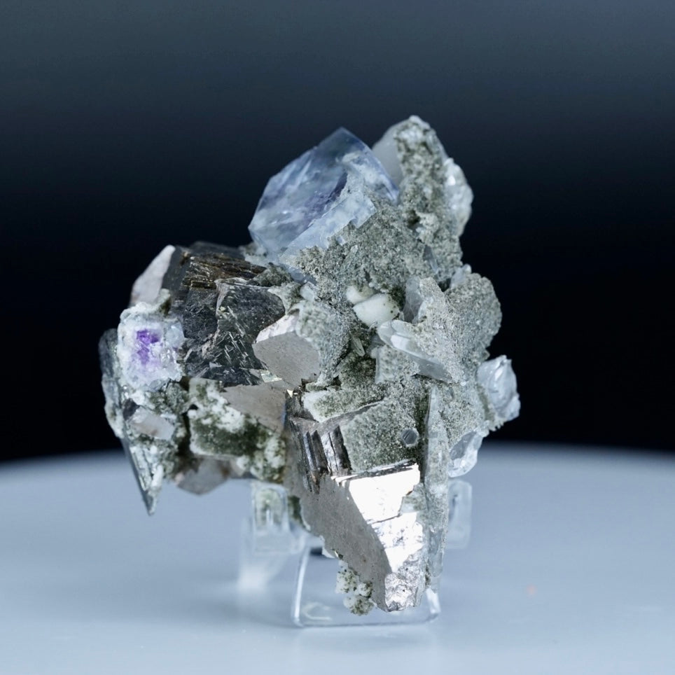 Yaogangxian Blue Fluorite with Clear Quartz, Wolframite and FeAsS