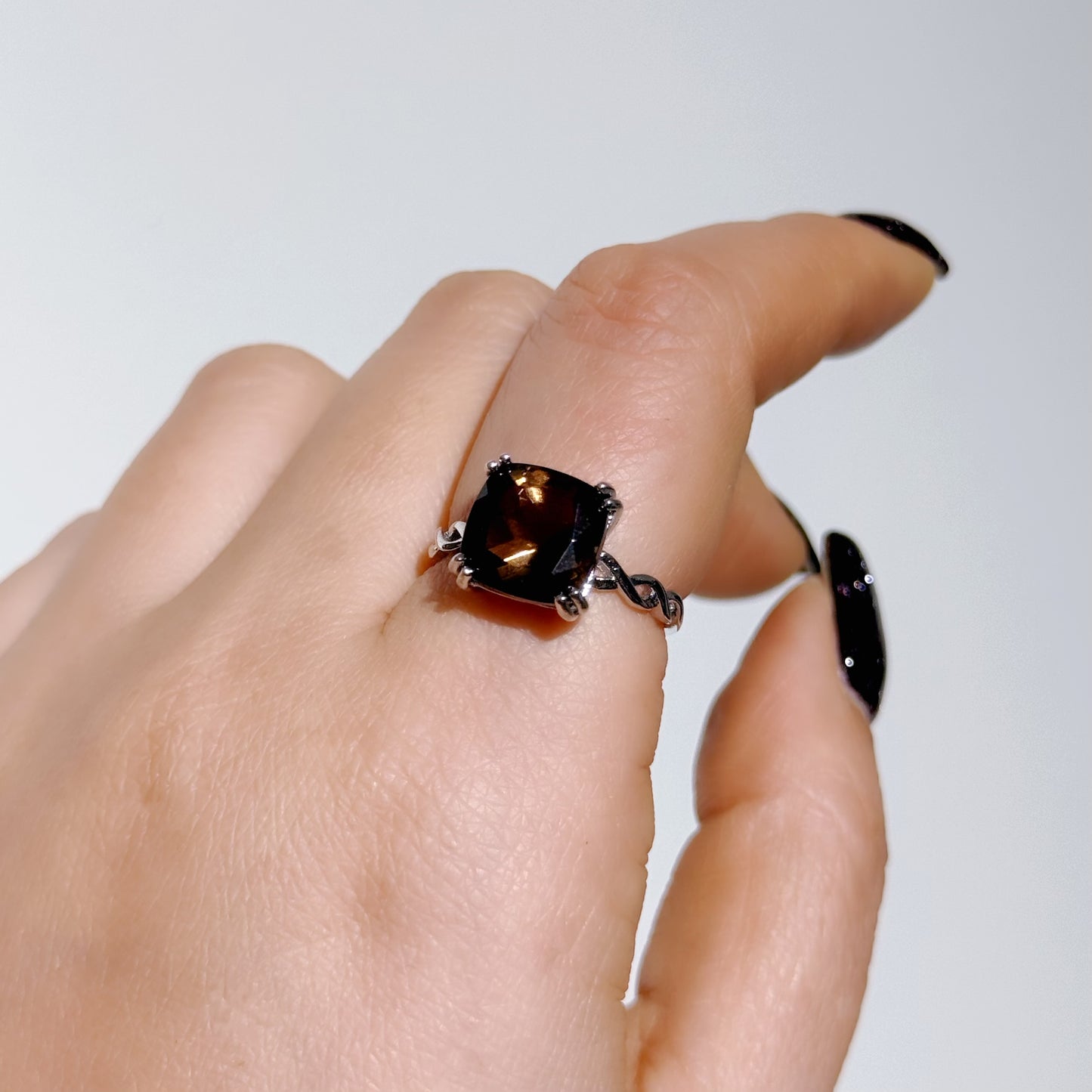 Smoky Quartz Square Four-Prong Twisted Ring
