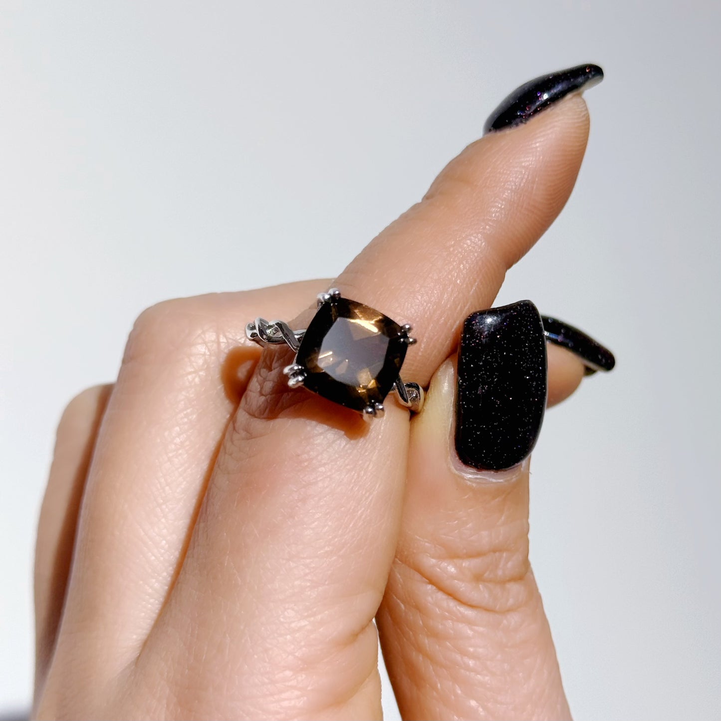 Smoky Quartz Square Four-Prong Twisted Ring