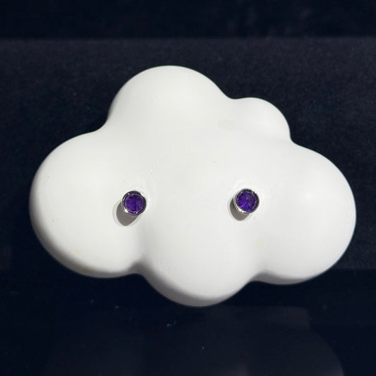 紫水晶包邊耳環 - 純銀防敏感耳針