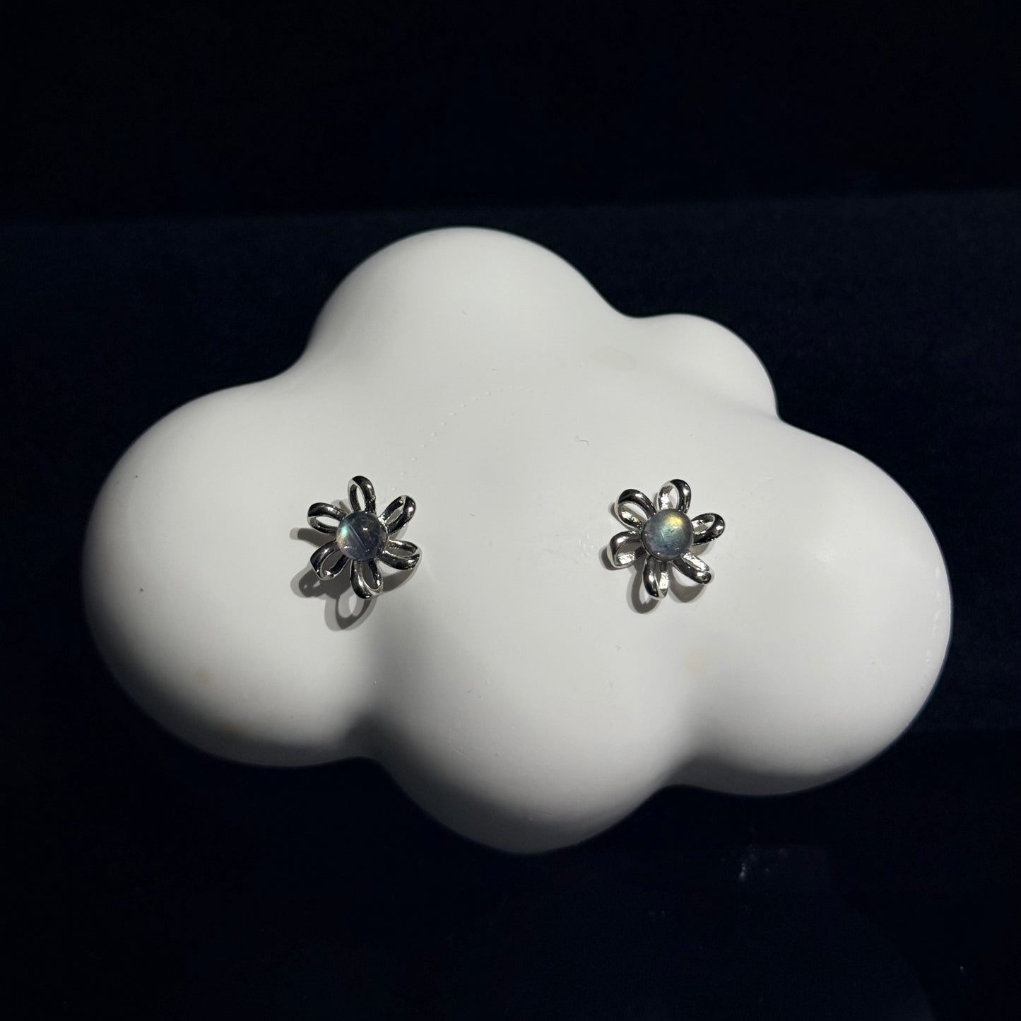 拉長石花花耳環 - 純銀防敏感耳針